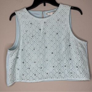 Elegant Lace Sleeveless Jeweled Crop Top Baby Blue size Large